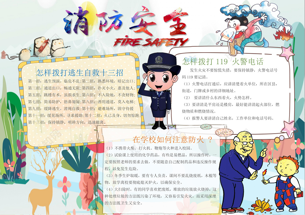 可爱漫画消防安全word电子小抄报边框花边