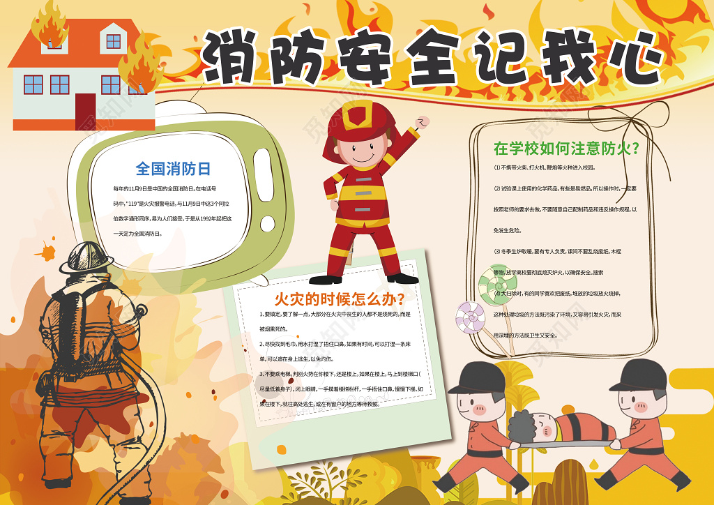 卡通风格消防安全记心中word电子小抄报边框花边