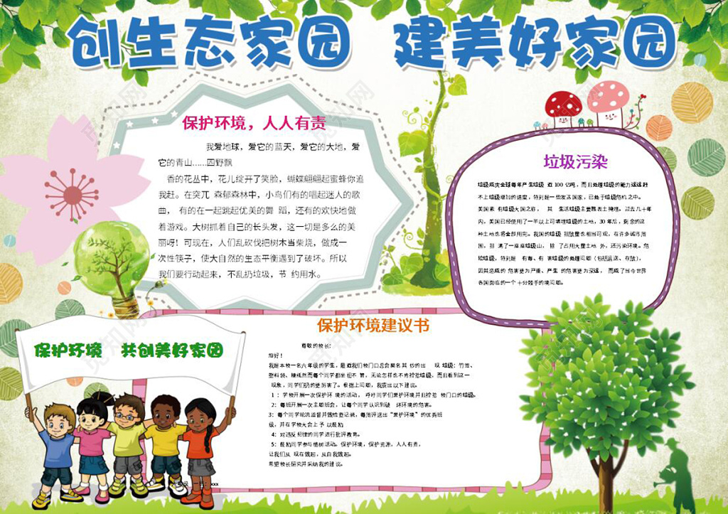 卡通绿色环保小报创生态家园建美好家园保护环境小报
