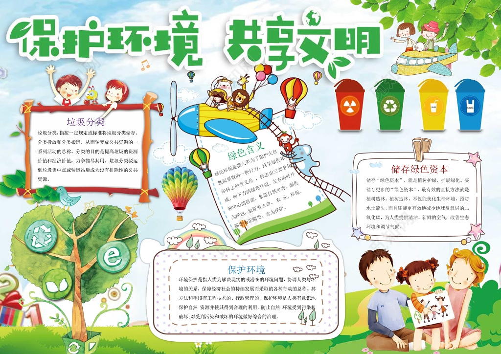 绿色卡通环保小报保护环境共享文明word手抄报