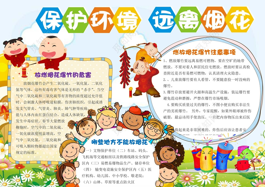 可爱卡通小人插画小报边框花边保护环境远离烟花环保手抄报