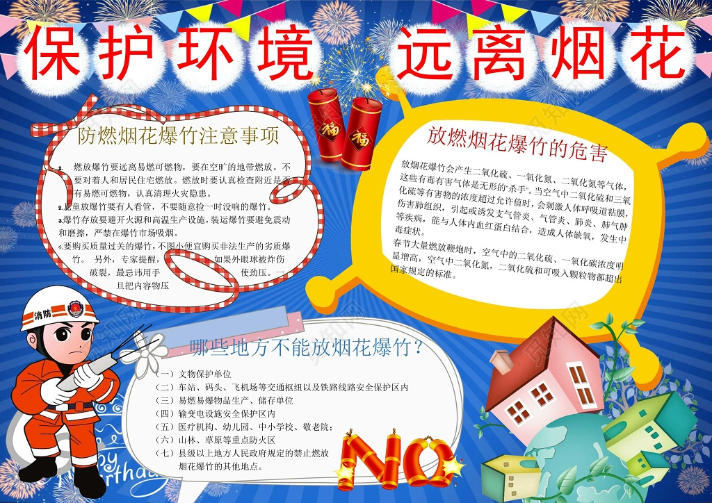 蓝色背景卡通消防员保护环境远离烟花环保小报手抄报 