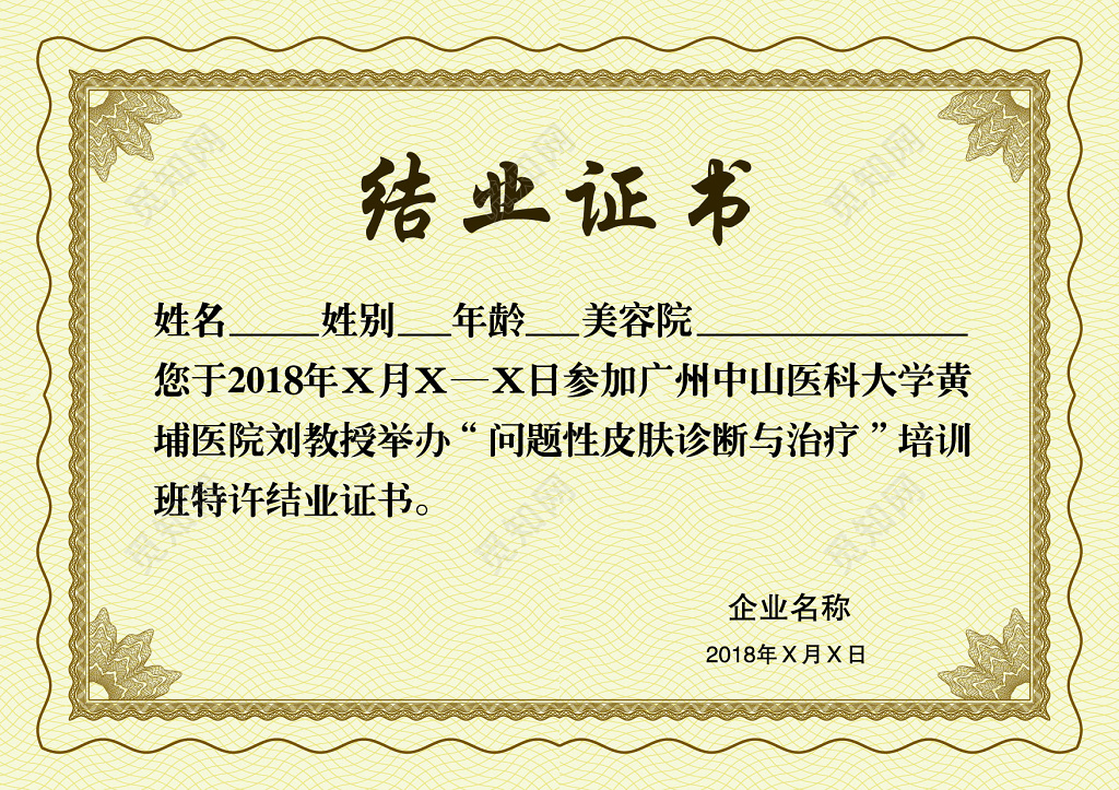 问题性皮肤诊断与治疗培训结业证书