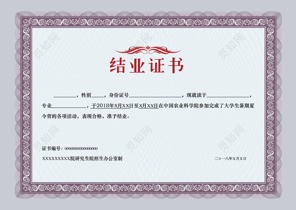 大学生暑假结业证书