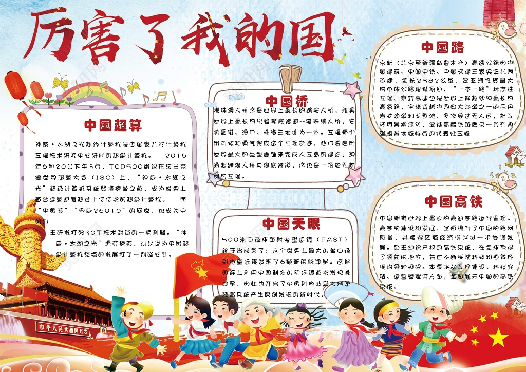 手绘天安门厉害了我的国爱国小报含有PS源文件