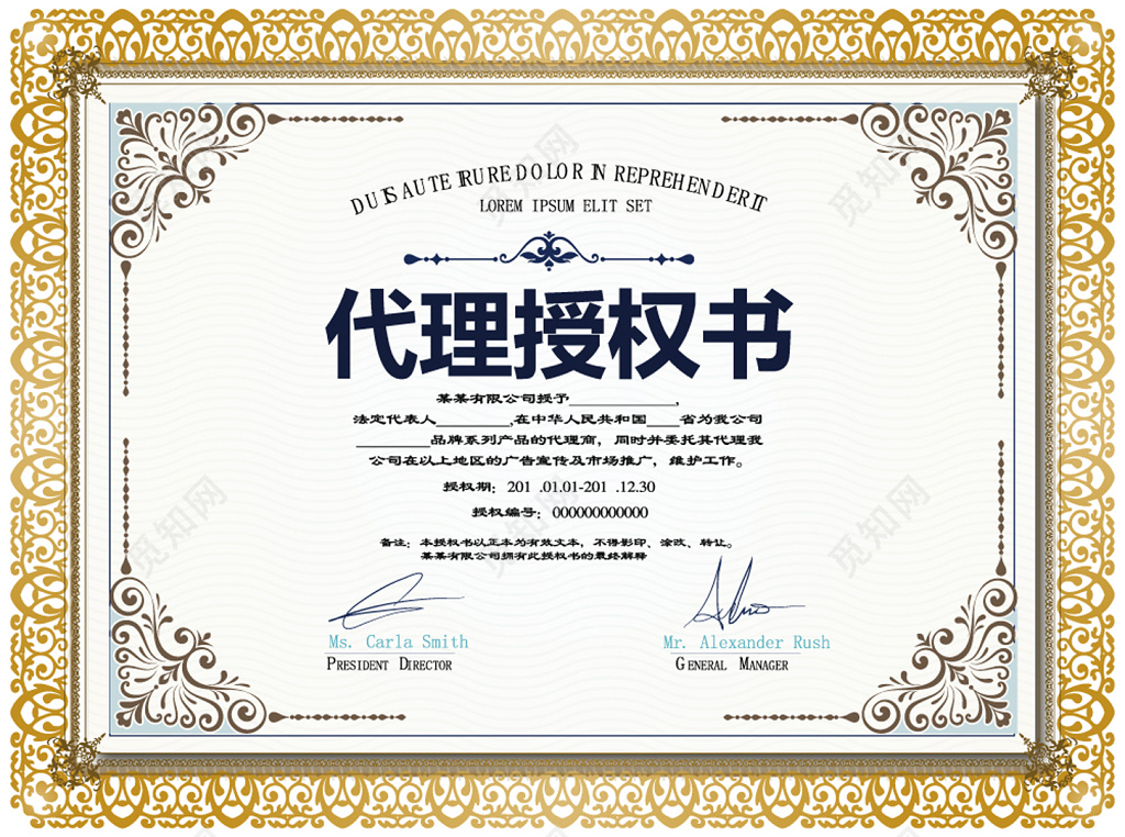 欧式简约大气花纹荣誉证书代理授权证书