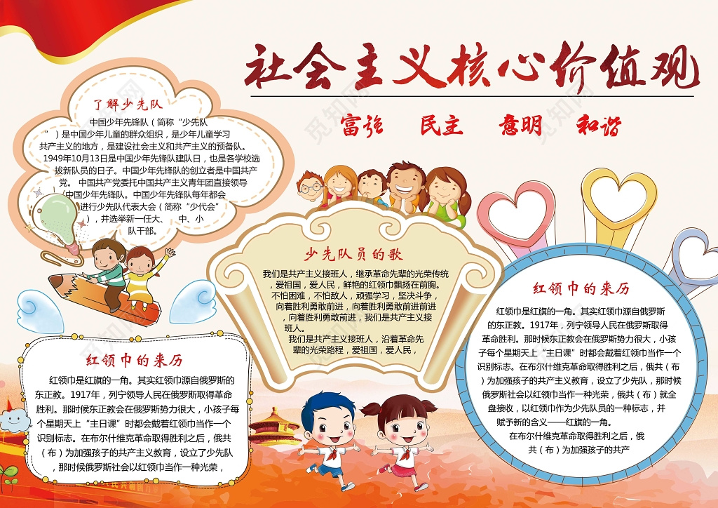 红色爱国卡通小报边框社会主义核心价值观小报含有PS源文件