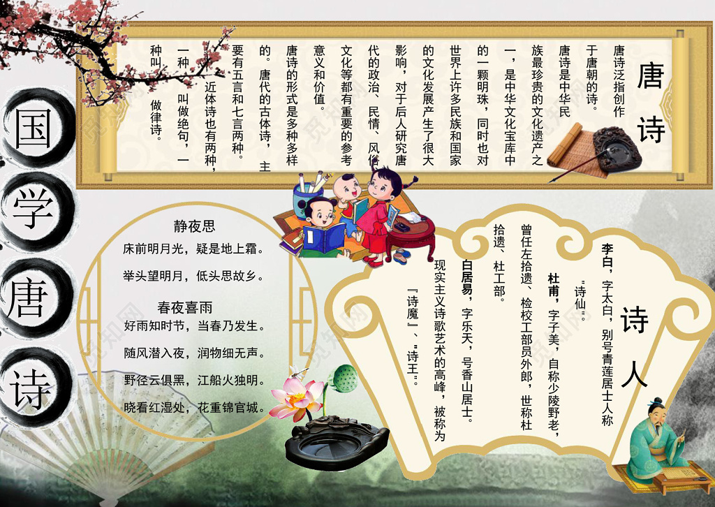 卡通传统国学唐诗学生小报word电子小抄报边框花边