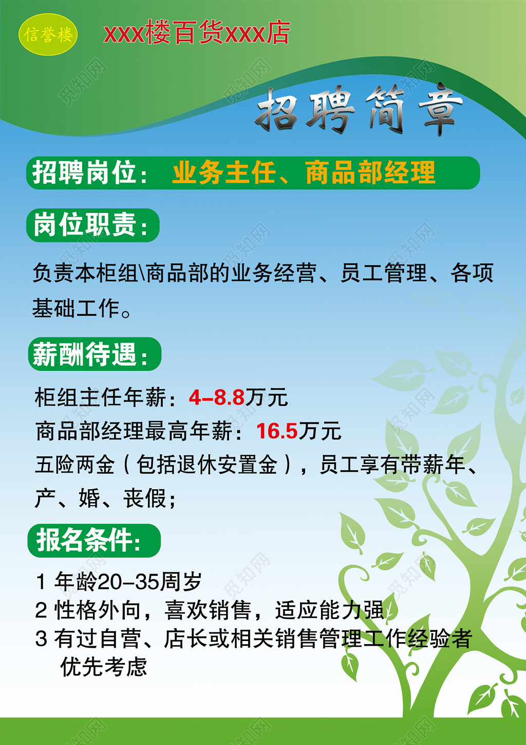 插画风绿色百货业务经营招聘简章设计