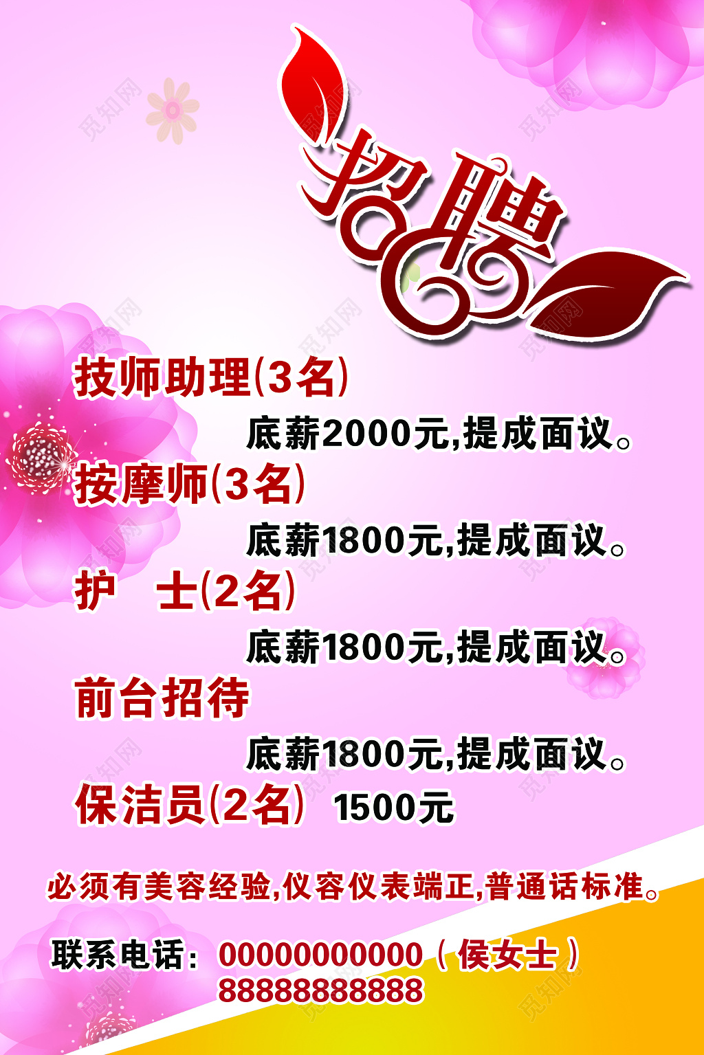 精简风花式美容院招聘海报
