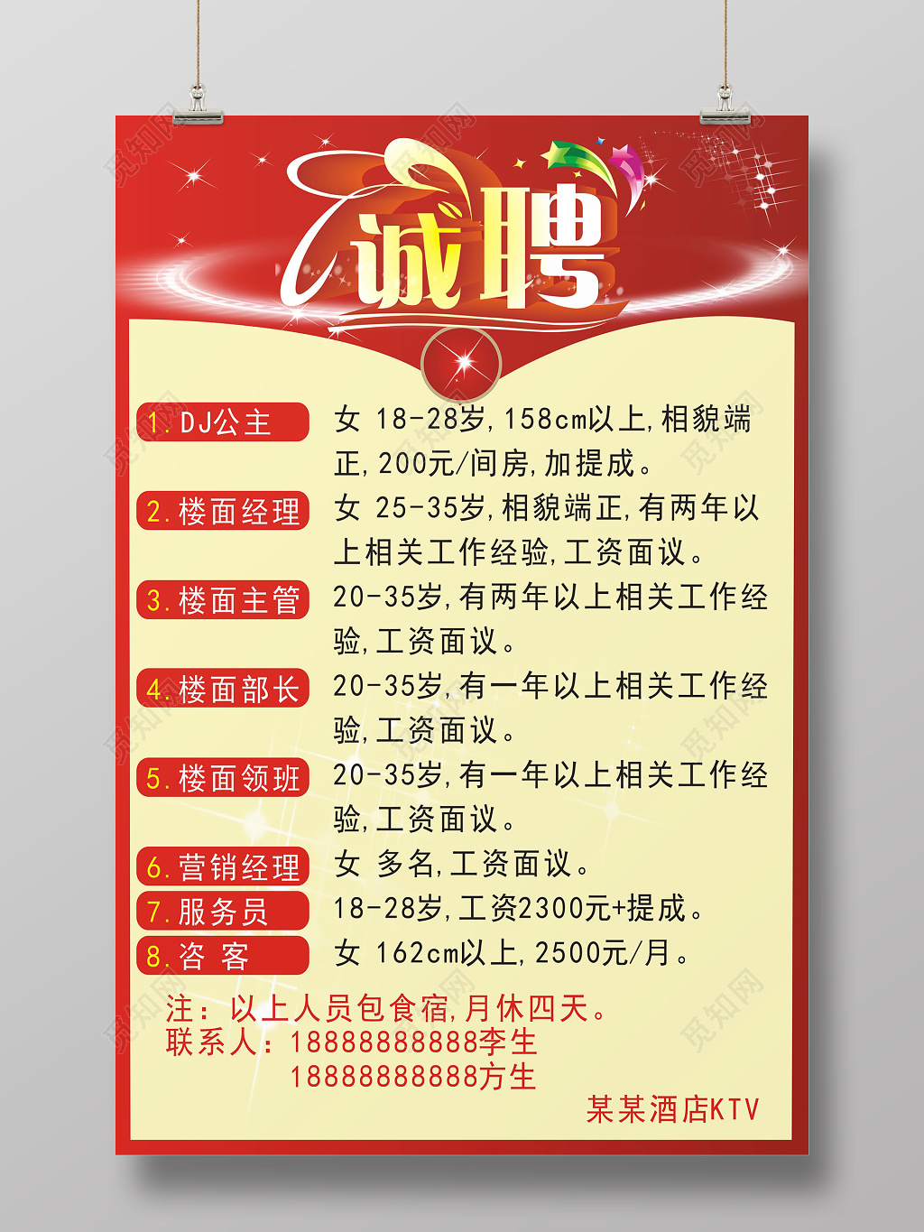 红色酒店招聘宣传海报