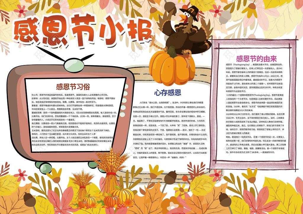 黄色枫叶秋天插画感恩节小报手抄报含有PS源文件