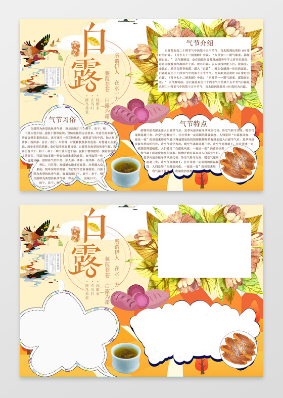 手绘清新风格黄色背景白露小报节气手抄报