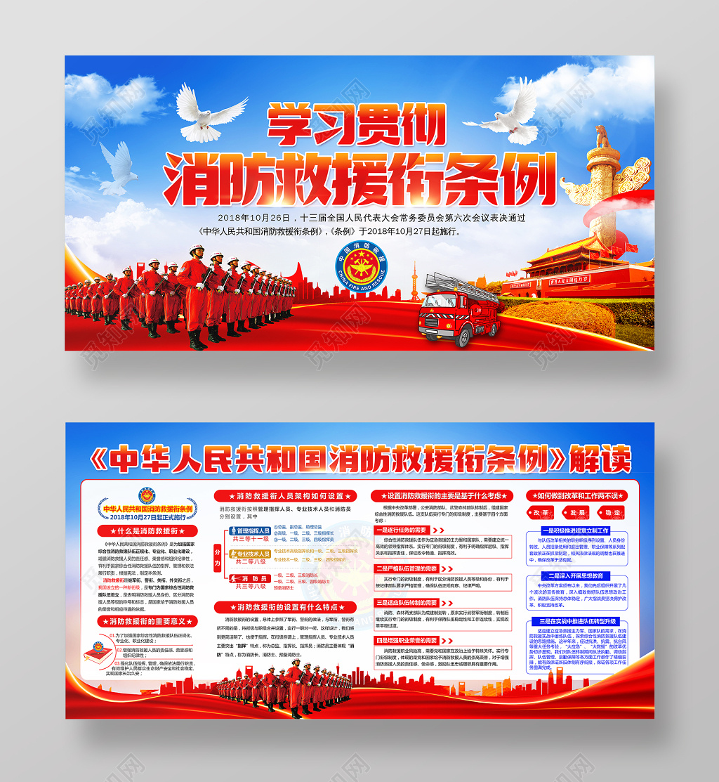 学习惯彻消防救援衔条例党建宣传展板