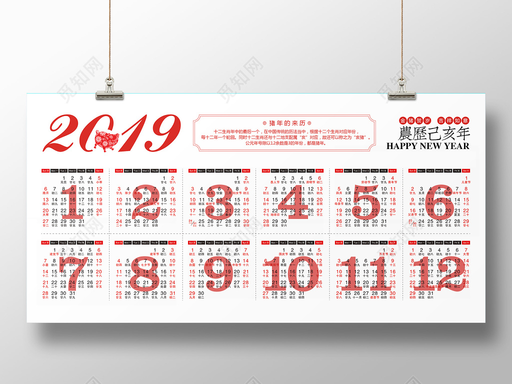 2019猪年新年日历设计模板