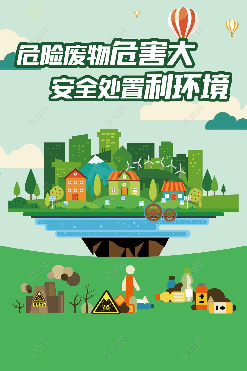 绿色背景卡通手绘插画安全处置危险废物环保海报