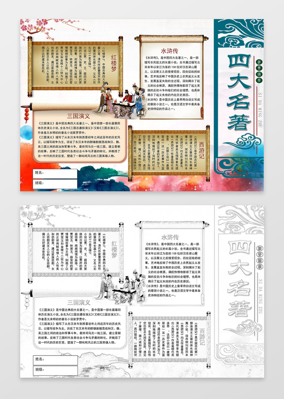 中国风古代人物古典四大名著读书手抄报含有PS源文件