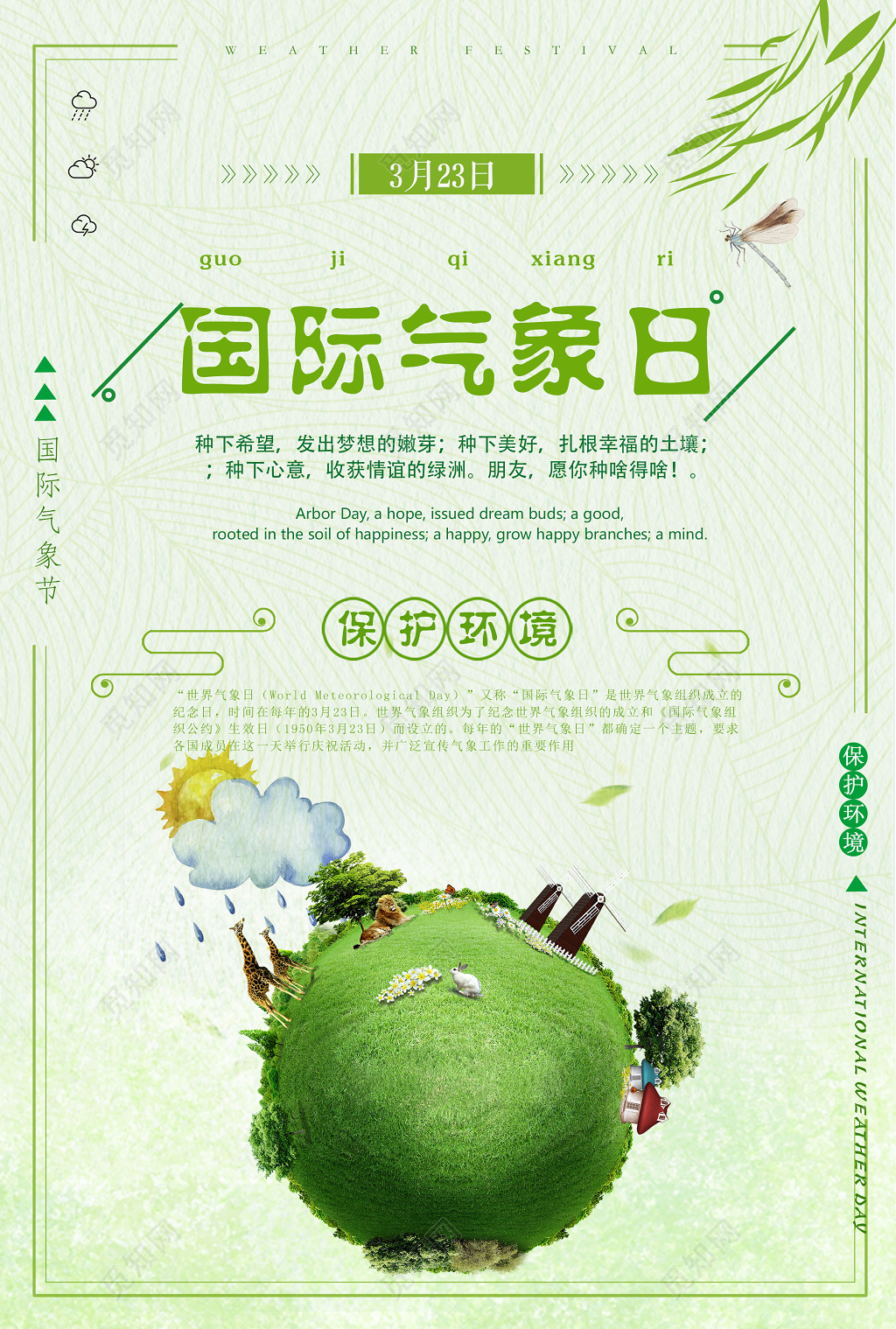 323国际气象日绿色环保海报宣传保护环境展板