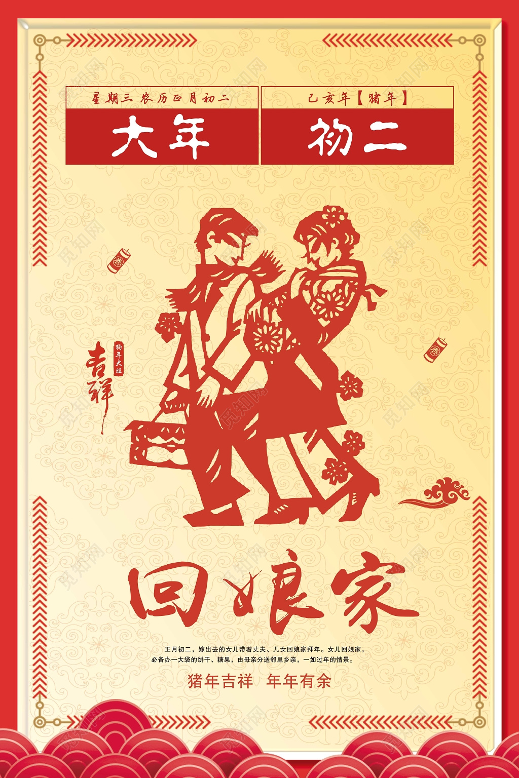 2019新年快乐初二海报猪年海报正月初二回娘家回家春节习俗