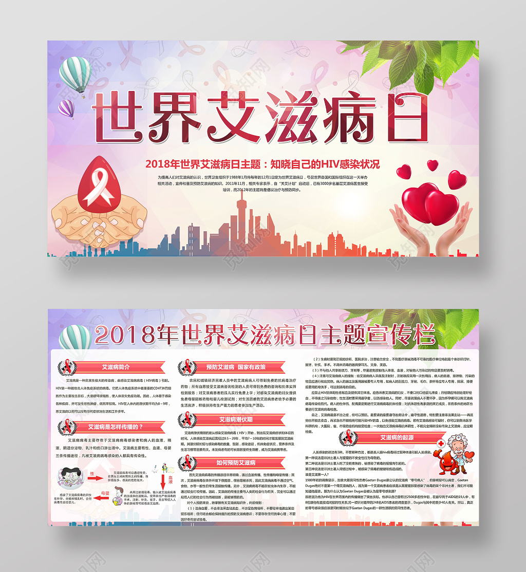 城市剪影建筑红丝带世界艾滋病日海报宣传栏