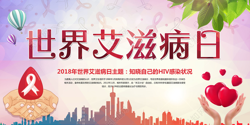 城市剪影建筑红丝带世界艾滋病日海报宣传栏