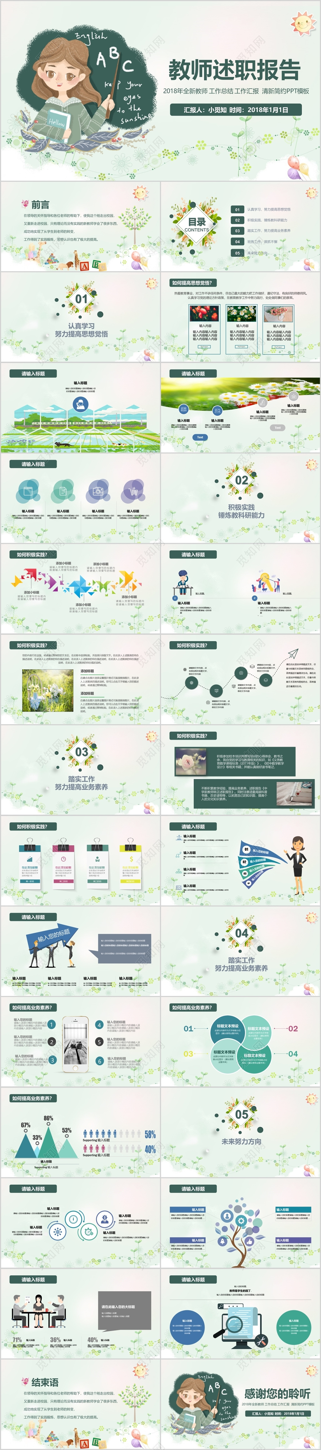 绿色小清新教师述职报告ppt模板