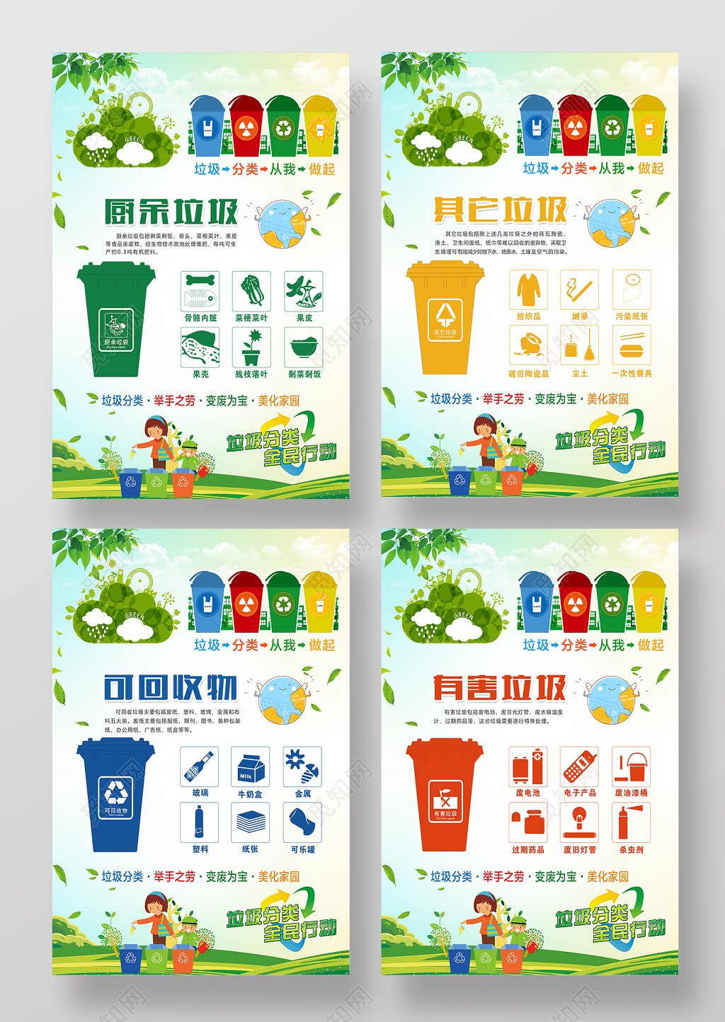环保简约创意厨余垃圾其他垃圾可回收物有害垃圾分类公益海报