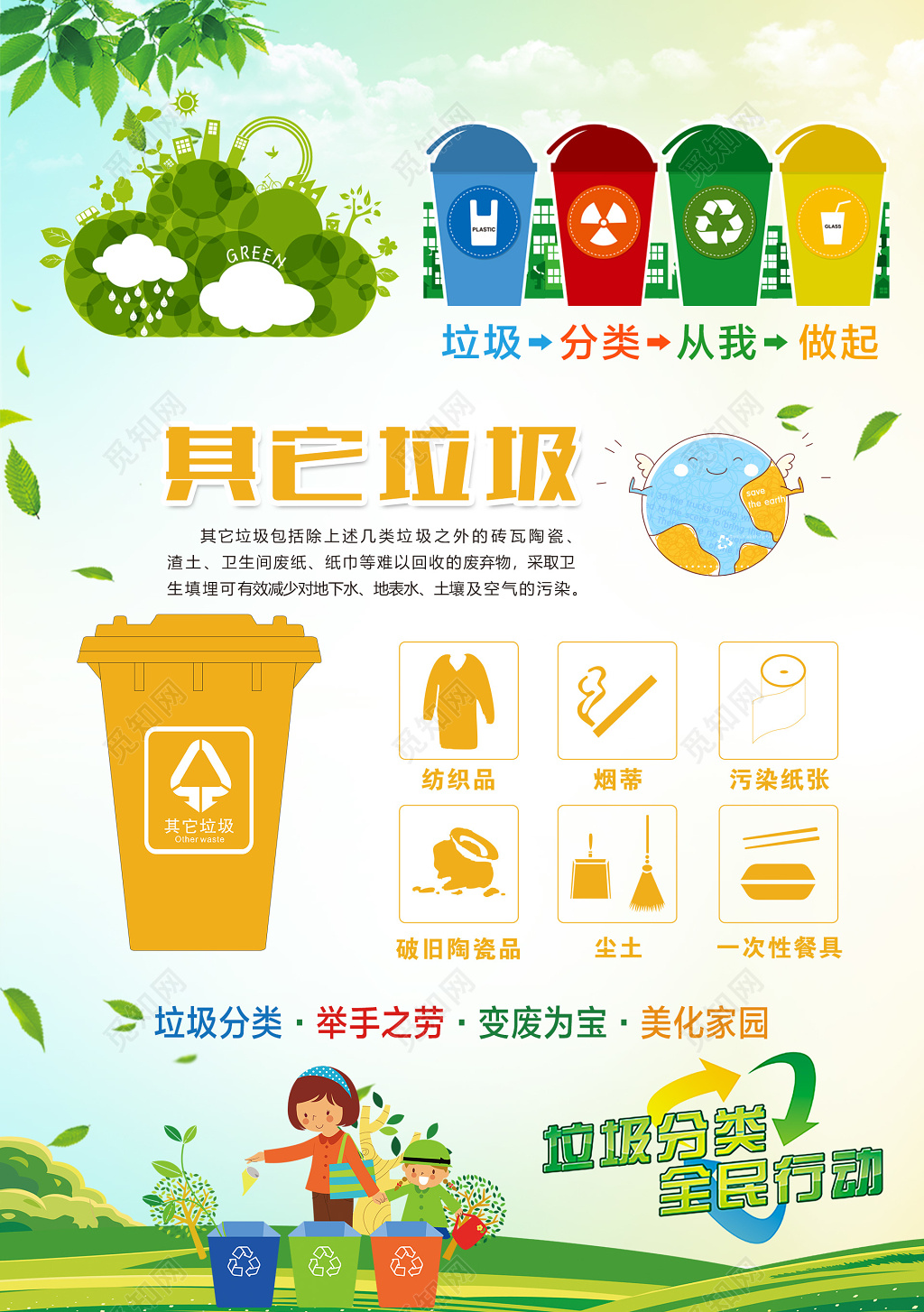 环保简约创意厨余垃圾其他垃圾可回收物有害垃圾分类公益海报