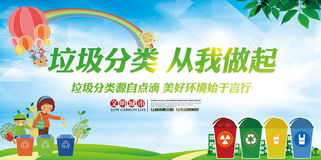 环保简约创意垃圾分类从我做起文明城市展板设计 