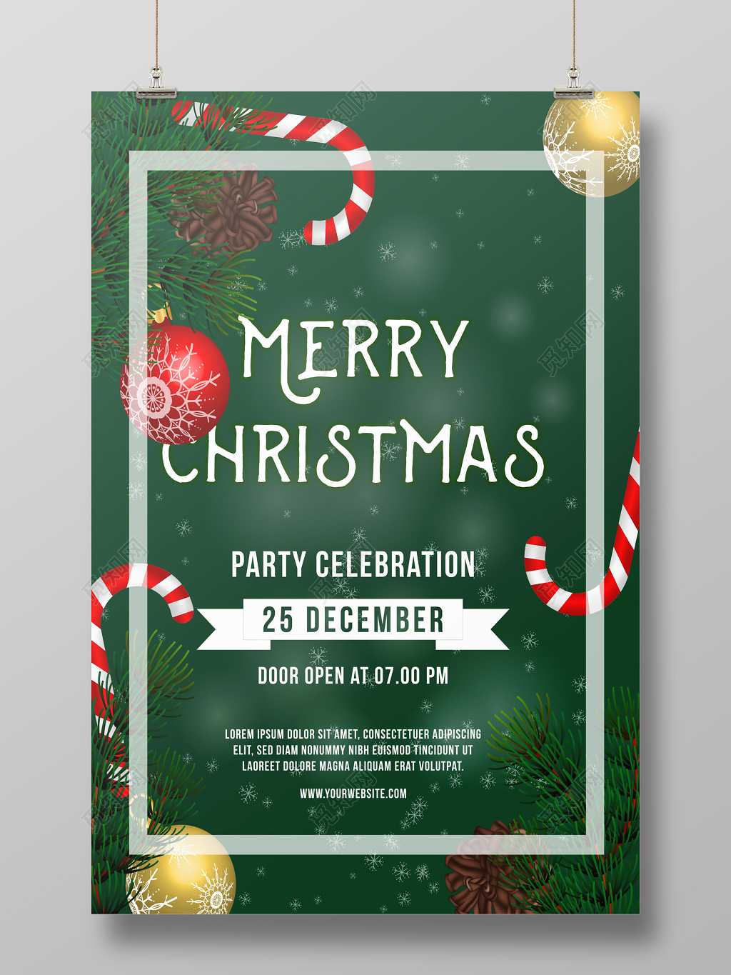 绿色带边框圣诞节圣诞树雪花快乐节日打折促销海报背景