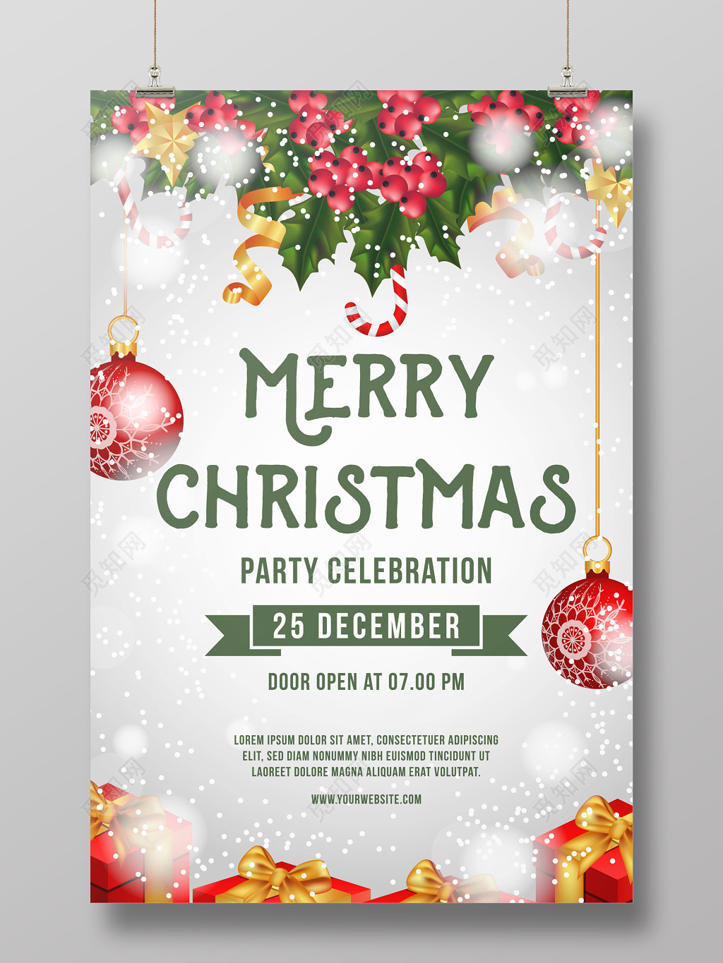 圣诞节圣诞树彩球蝴蝶结礼盒雪花快乐节日打折促销海报背景