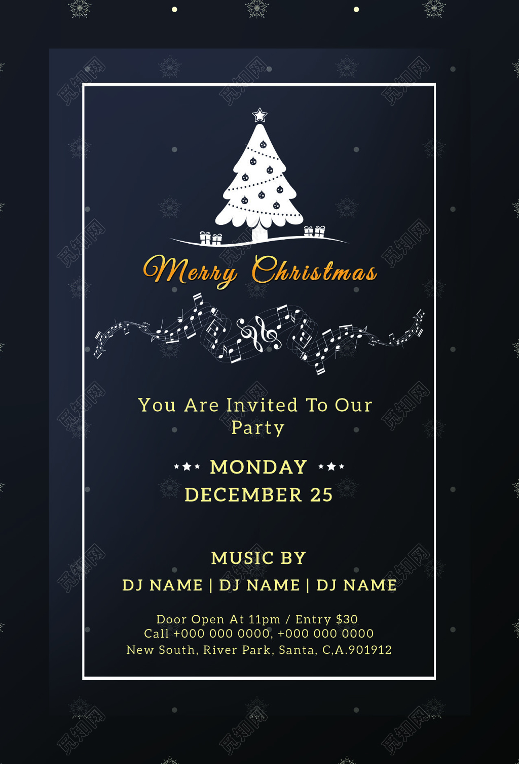 蓝色渐变雪花音乐圣诞节圣诞促销海报