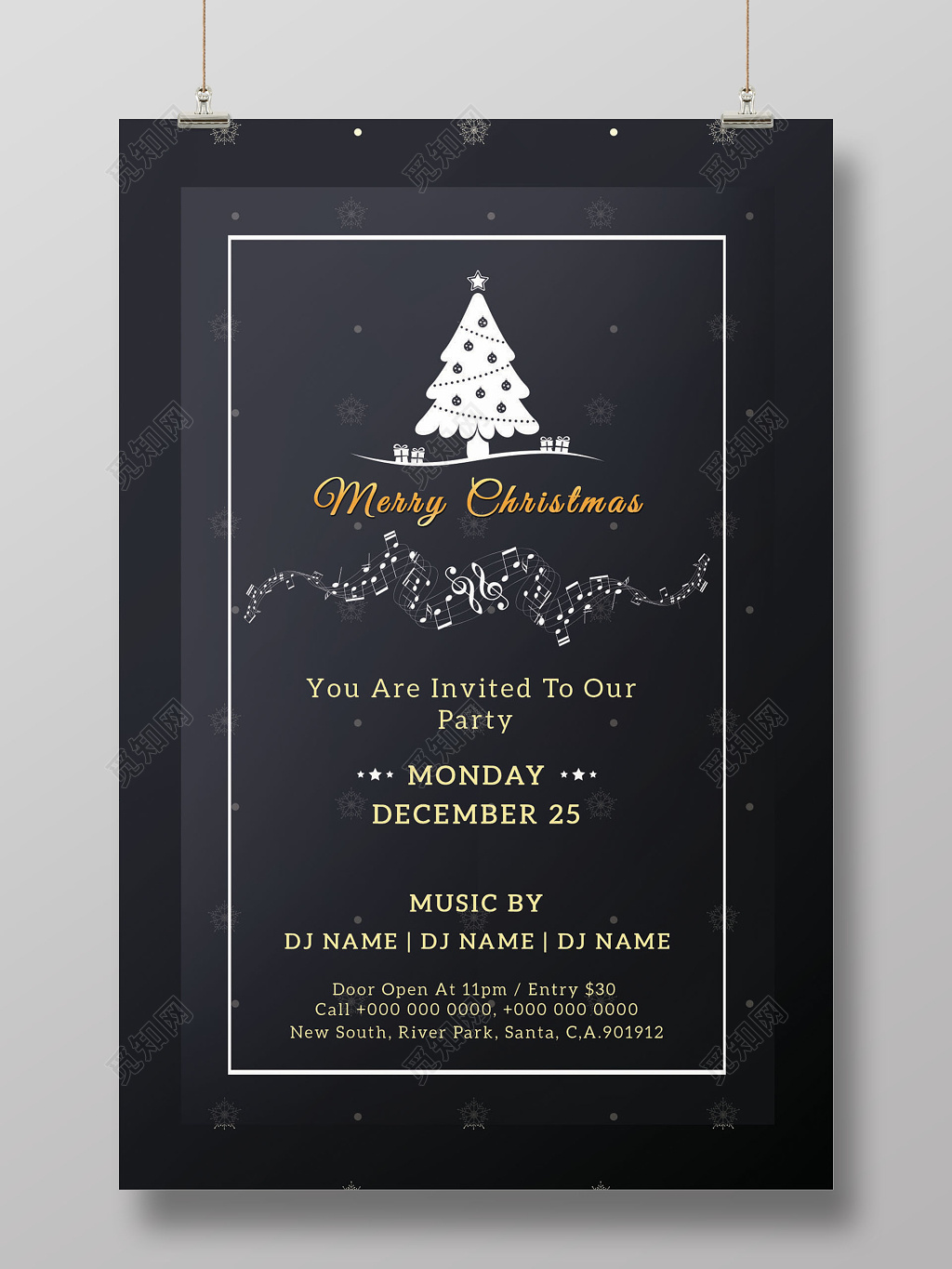 蓝色渐变雪花音乐圣诞节圣诞促销海报