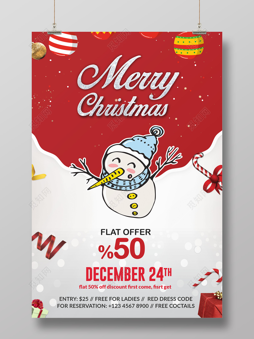 红色绚丽雪人圣诞节圣诞促销海报