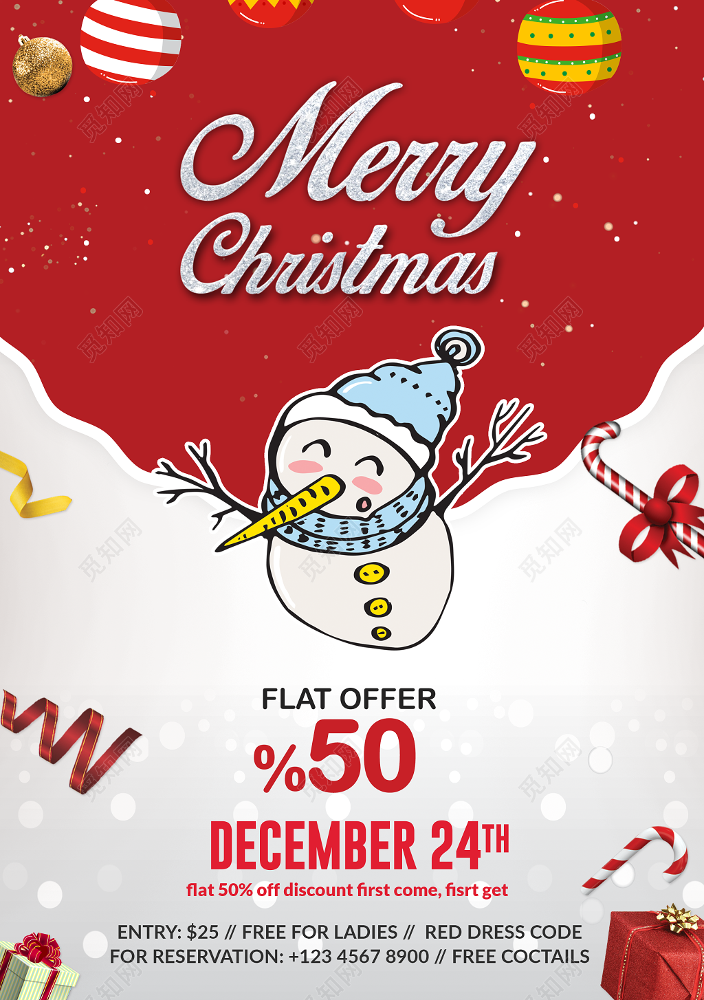 红色绚丽雪人圣诞节圣诞促销海报