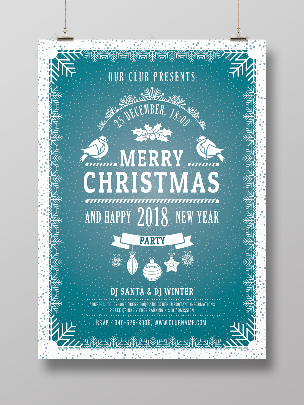 简约创意蓝色圣诞节装饰海报