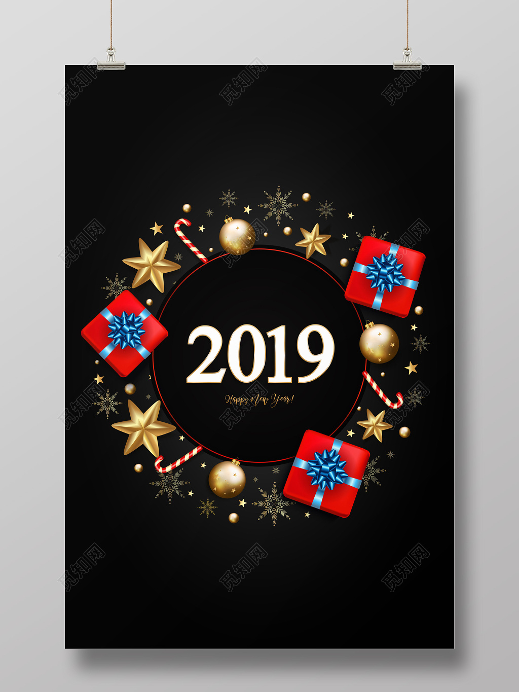 黑色背景金色星星红色礼盒2019圣诞节圣诞树快乐节日海报背景