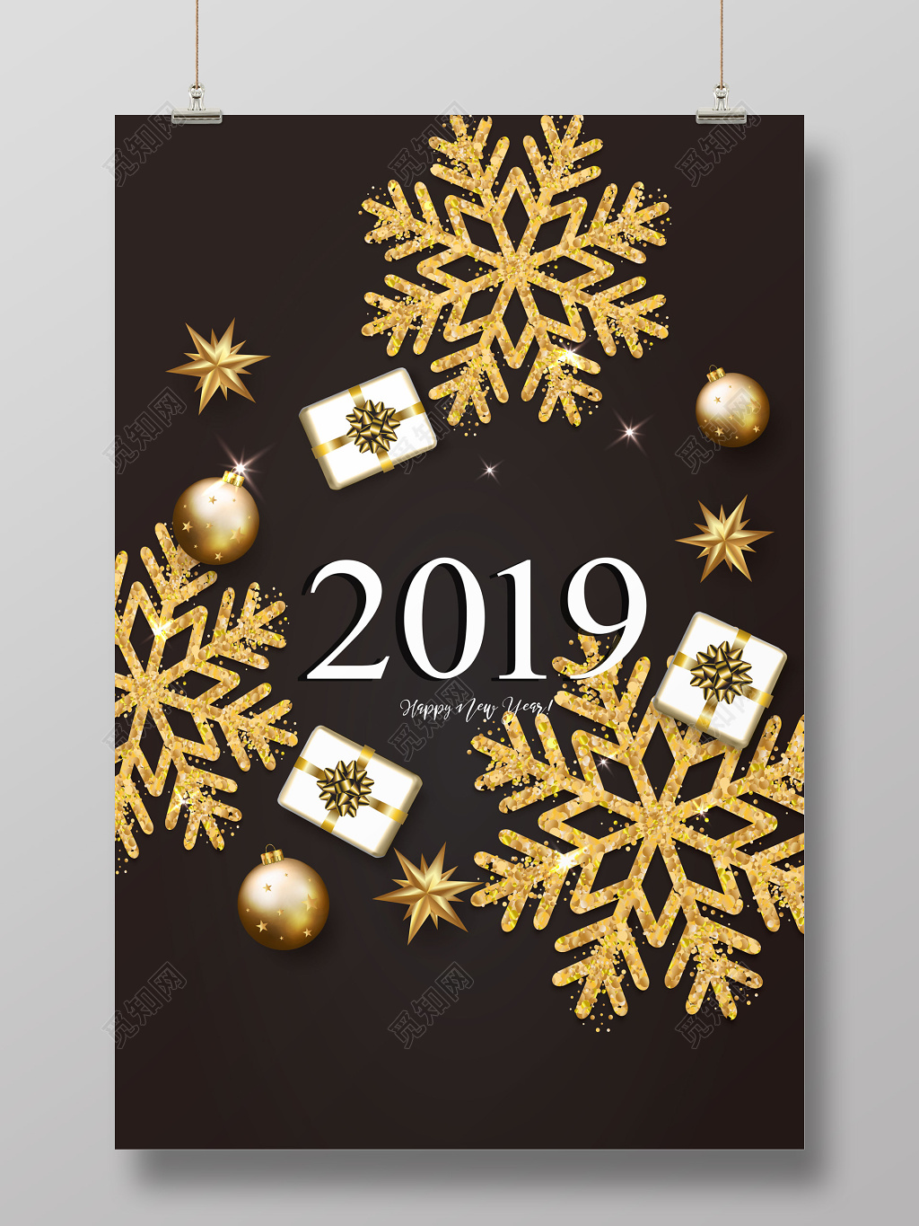 金色雪花星星礼盒2019圣诞节圣诞树快乐节日海报背景