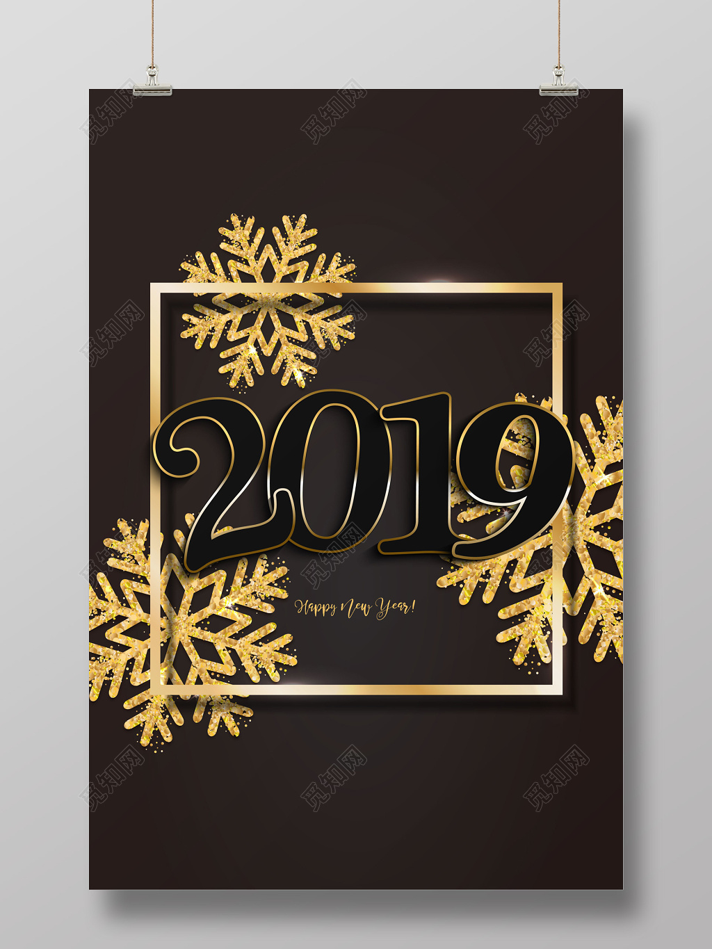 黑色背景金色雪花星星2019圣诞节圣诞树快乐节日海报背景