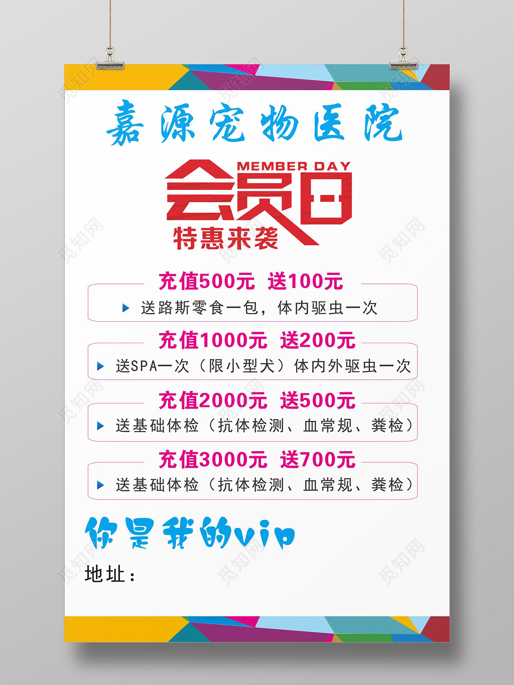彩色时尚宠物医院会员日活动促销海报