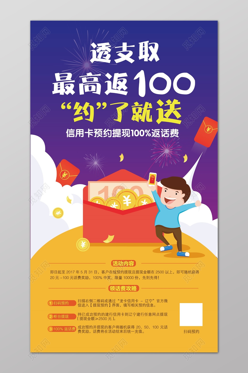 信用卡预约透支取促销返话费红包海报