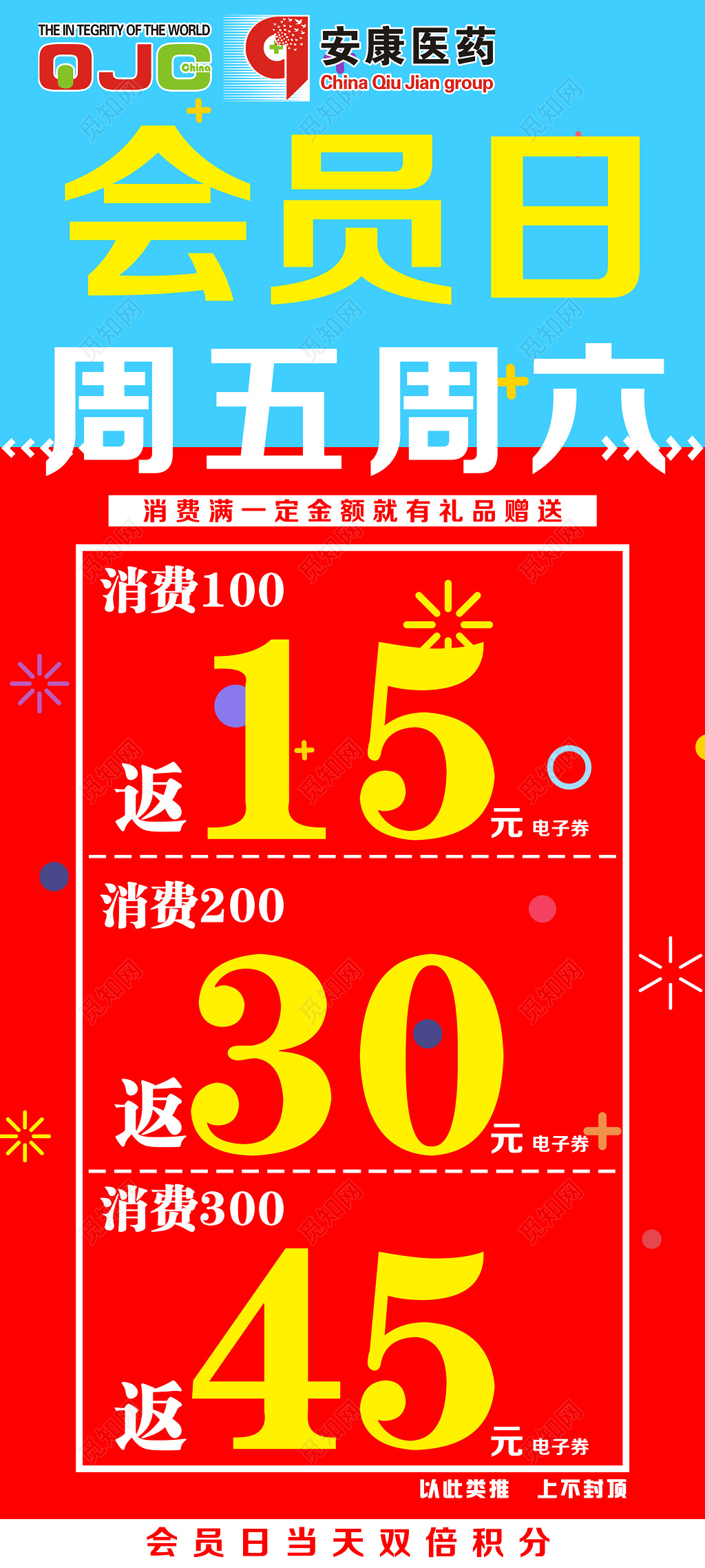 海报吊旗会员日药店满就送红色浅蓝色海报