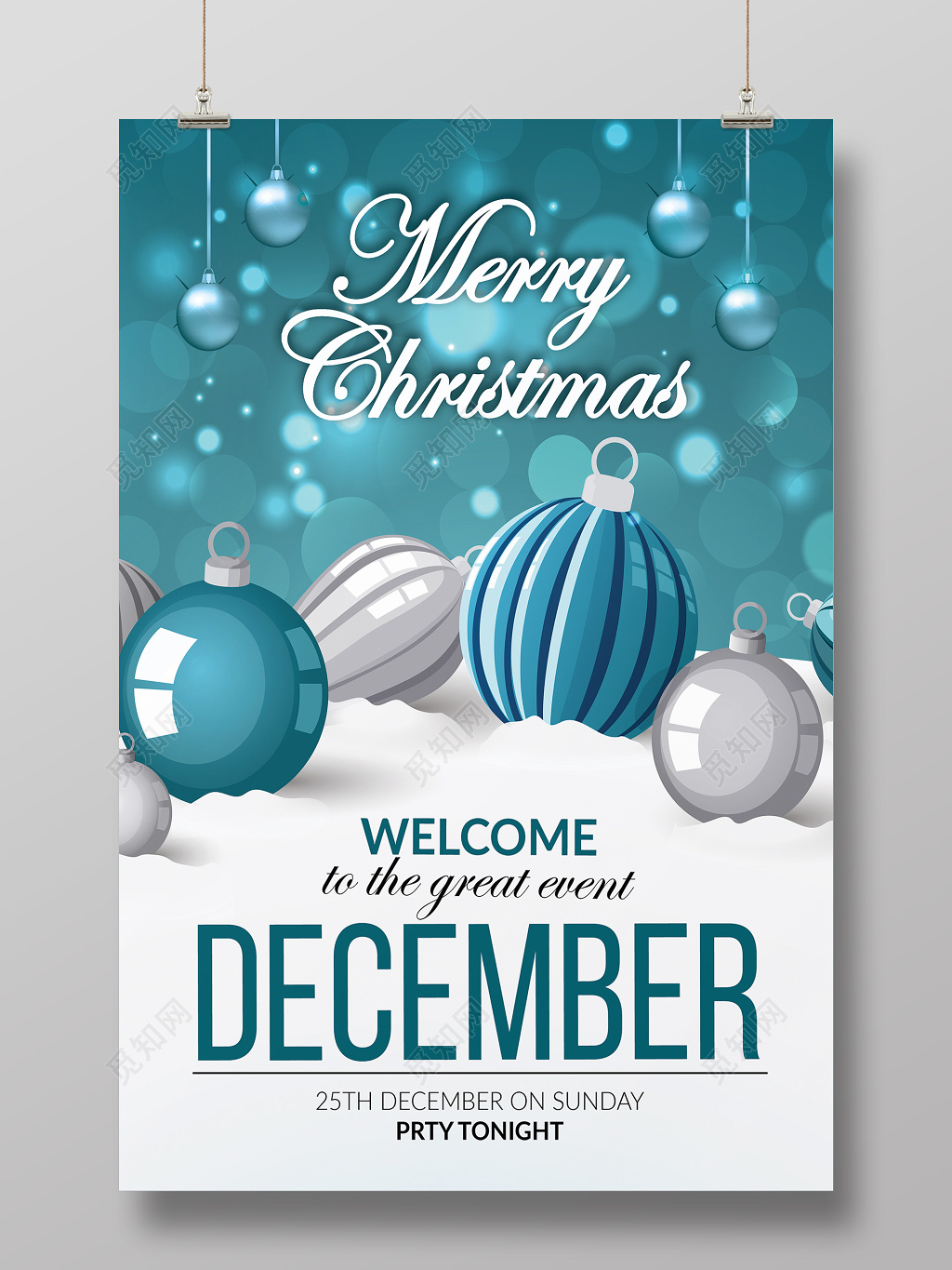 简约时尚创意蓝色彩球平安夜圣诞节促销海报