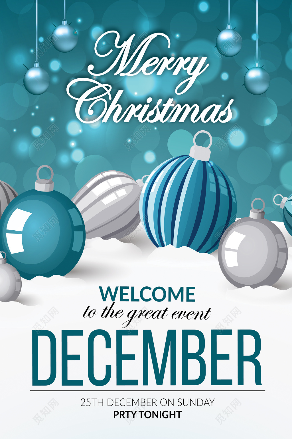 简约时尚创意蓝色彩球平安夜圣诞节促销海报