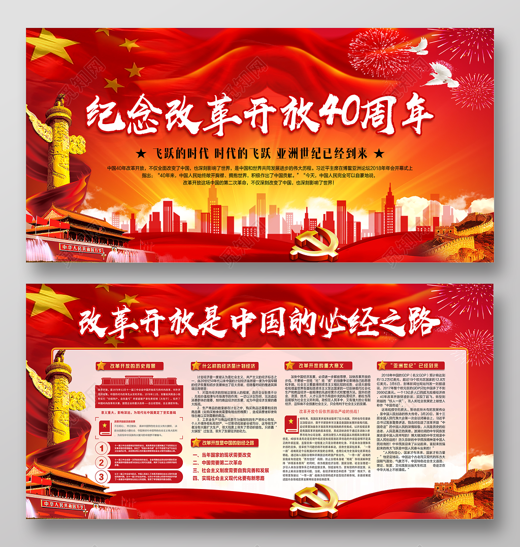 大气传统红金色纪念改革开放40周年宣传展板二件套