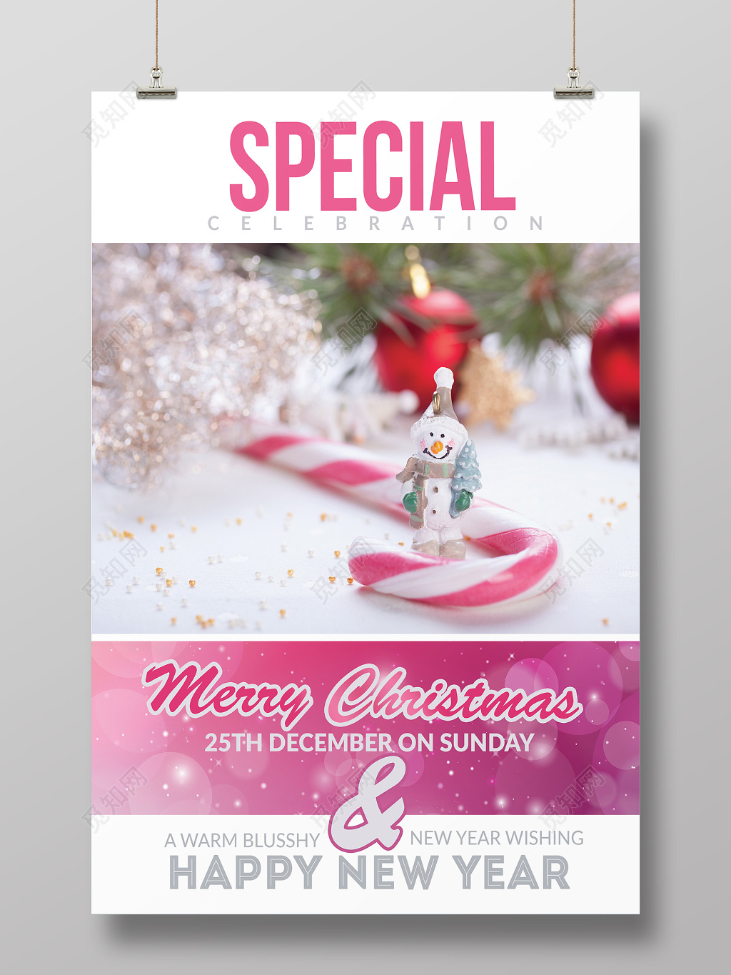 简约创意粉色平安夜圣诞节促销海报