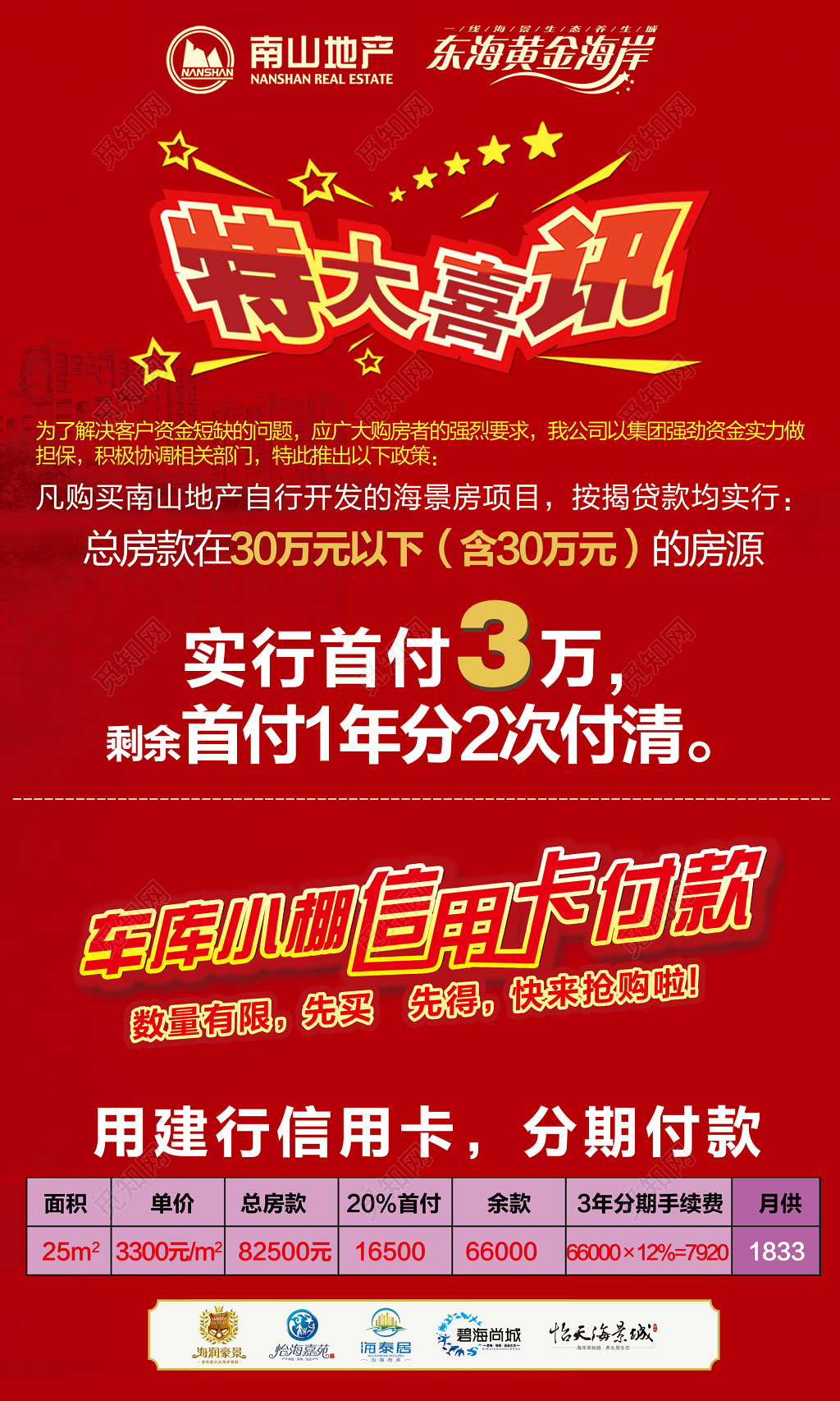 红色喜庆特大喜讯房地产分期付款促销海报
