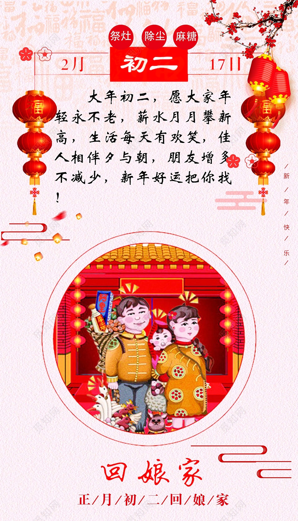 春节习俗大年初二喜庆卡通祝福海报