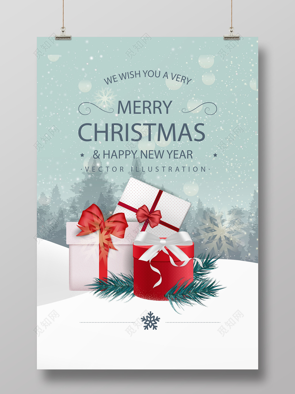 绿色森林雪花圣诞礼物圣诞节圣诞促销海报