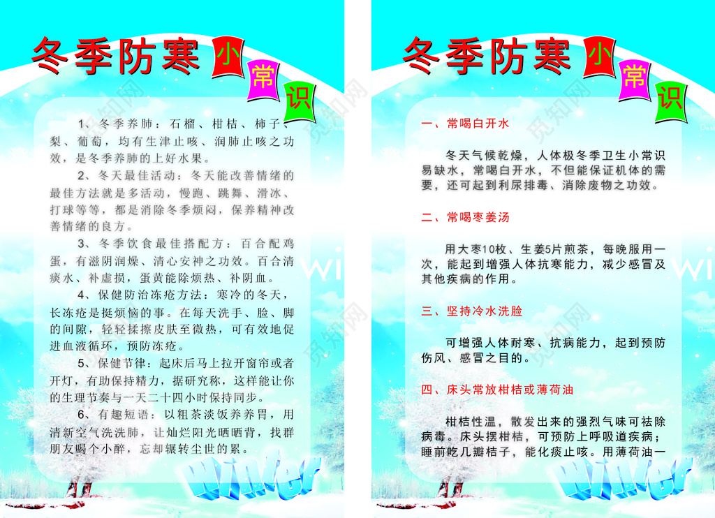 蓝色小清新冬季小常识养生海报